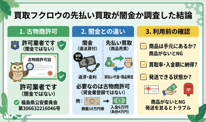 買取フクロウの先払い買取が闇金か調査した結論